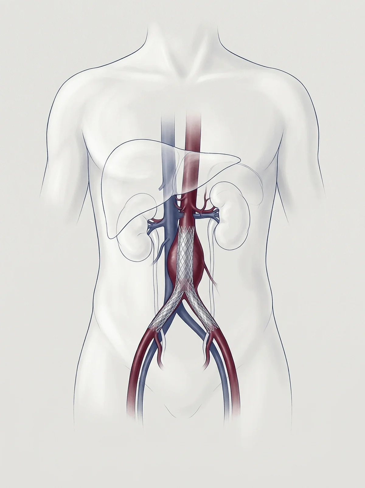 Ilustração: tronco humano translúcido com o fígado e os rins; no centro, a aorta com uma endoprótese colocada por dentro, até a divisão para as pernas.