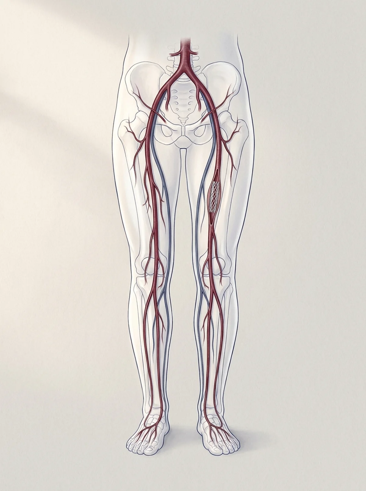 Ilustração: quadril e pernas translúcidos com as artérias em bordô descendo até os pés e um stent numa artéria da coxa.